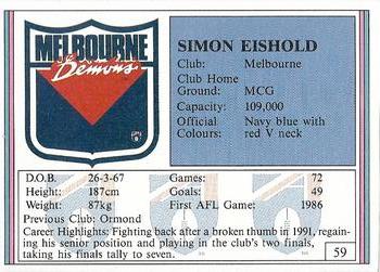 1992 AFL Regina #59 Simon Eishold Back